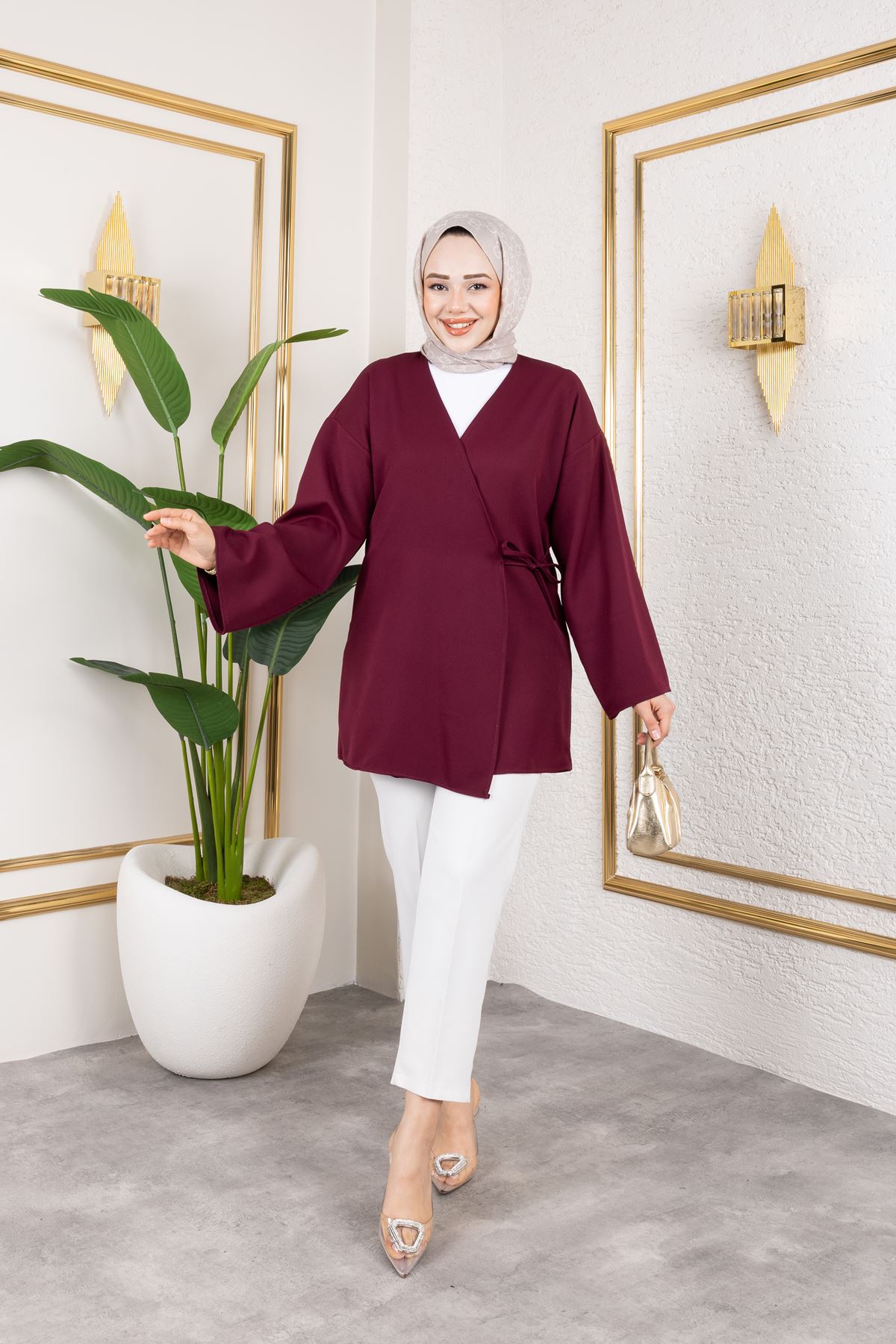 Yan Bağlamalı Atlas Tunik-Mürdüm