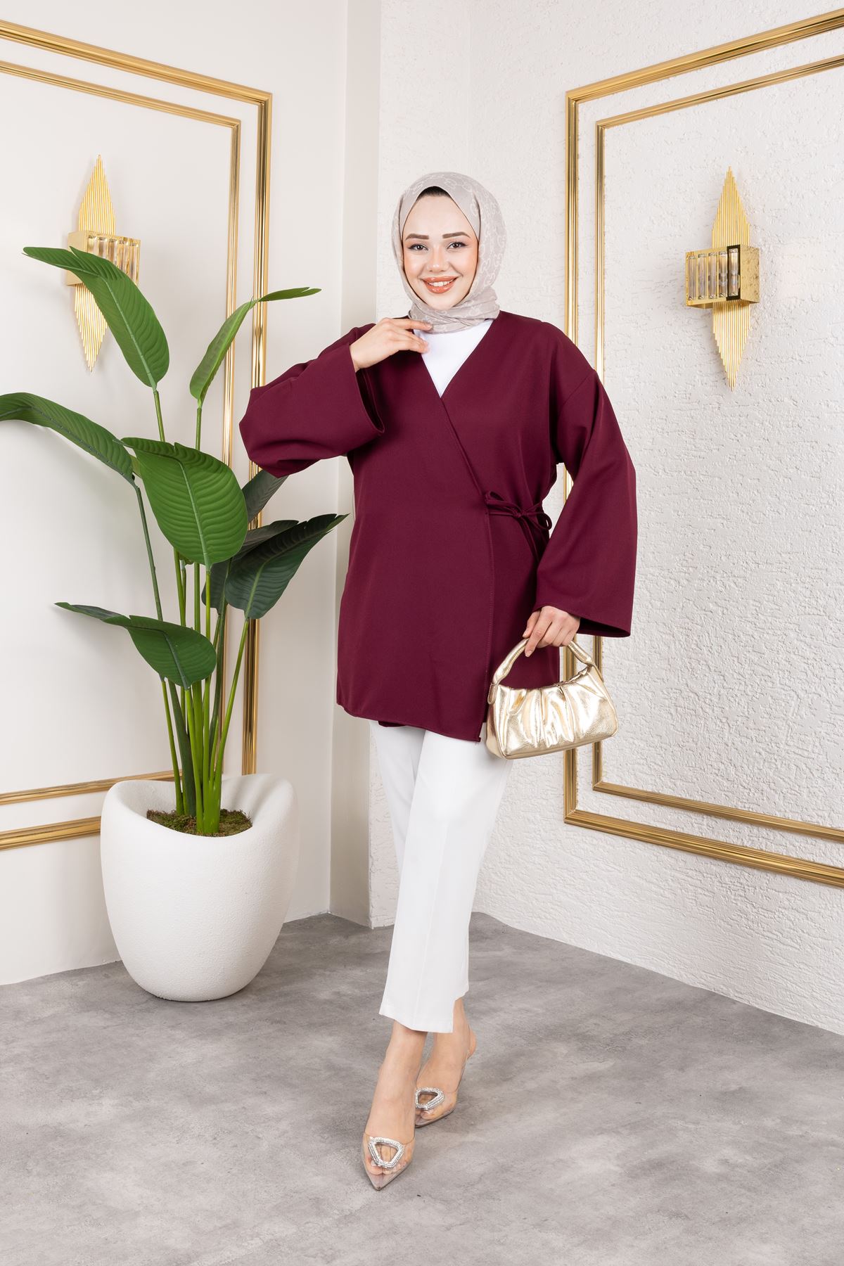 Yan Bağlamalı Atlas Tunik-Mürdüm