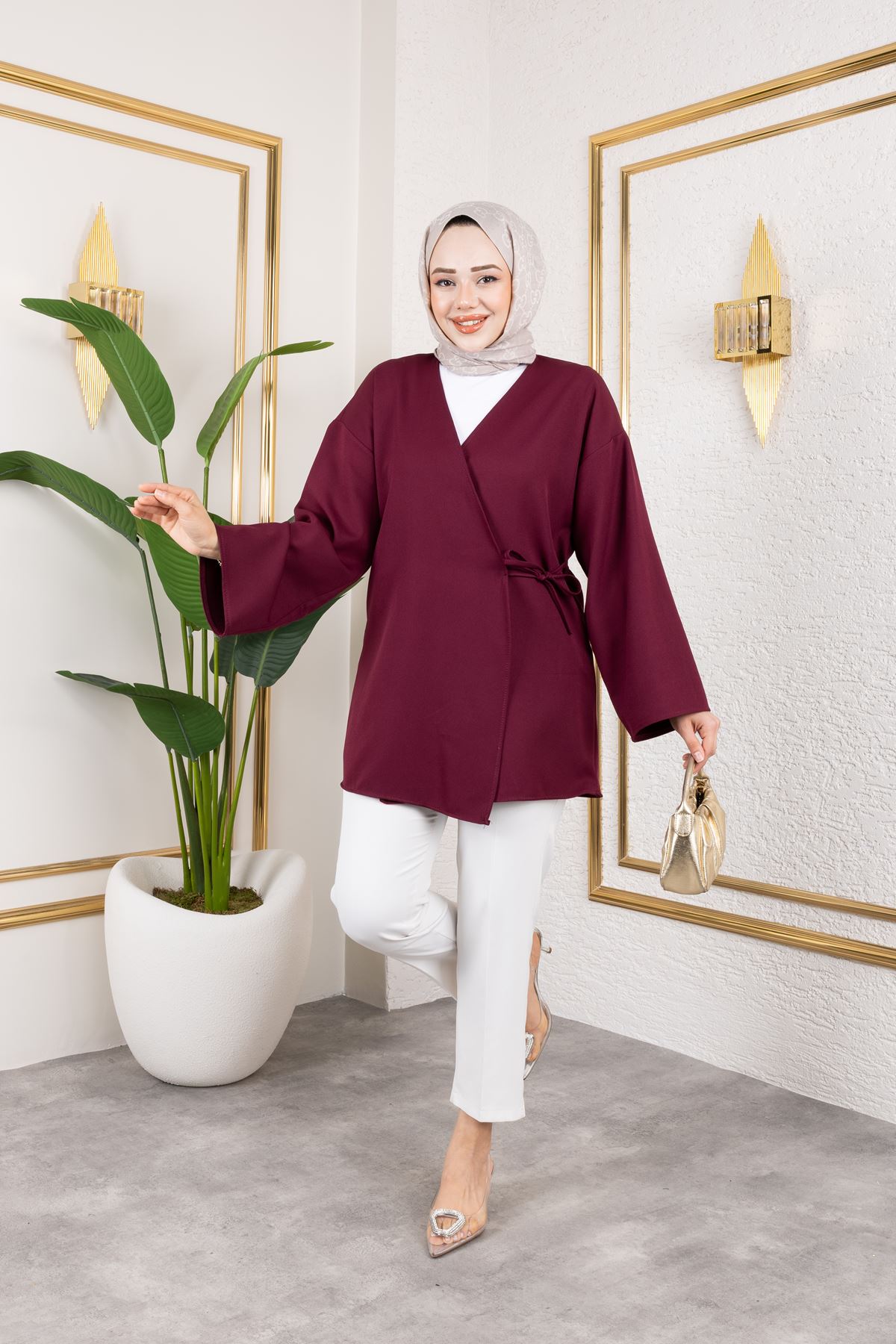 Yan Bağlamalı Atlas Tunik-Mürdüm