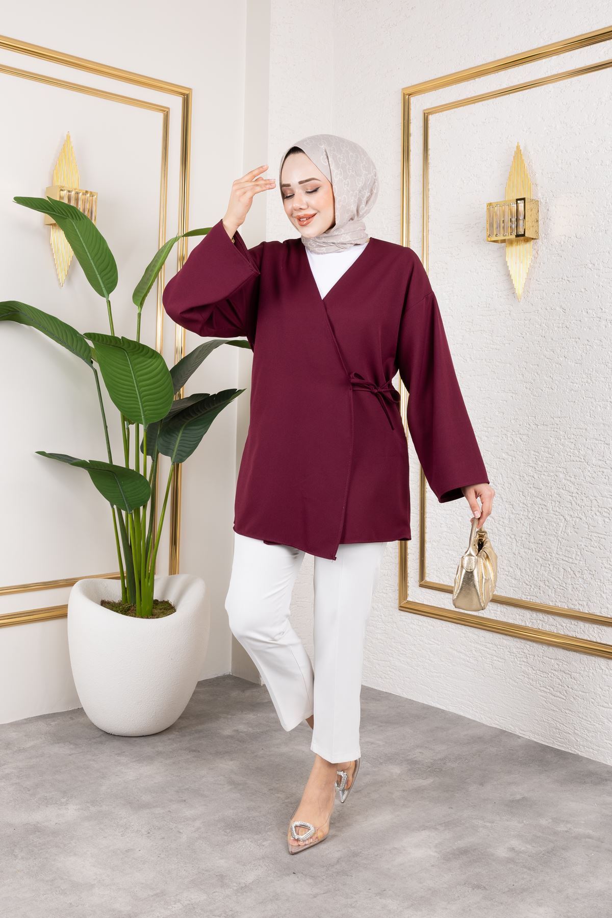 Yan Bağlamalı Atlas Tunik-Mürdüm