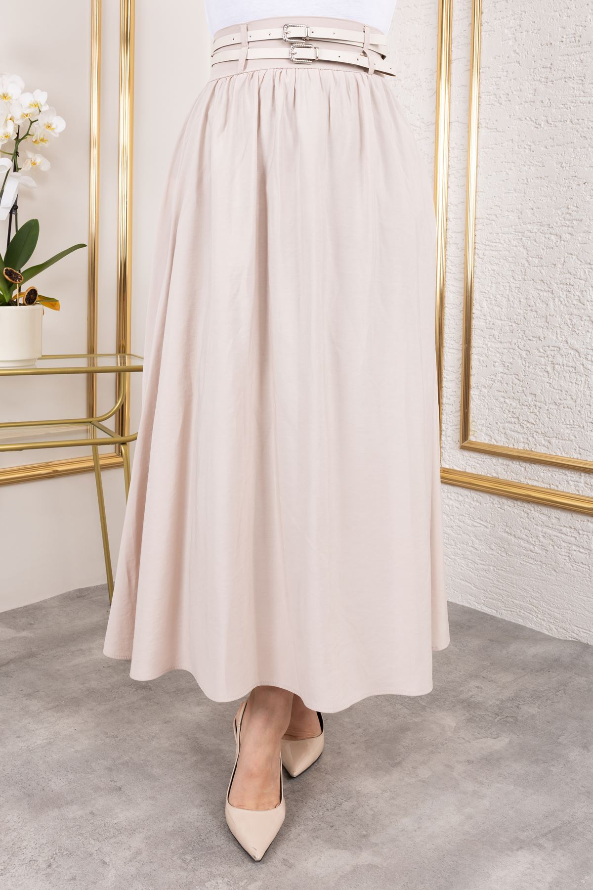 Çift Kemerli Modal Etek-Taş