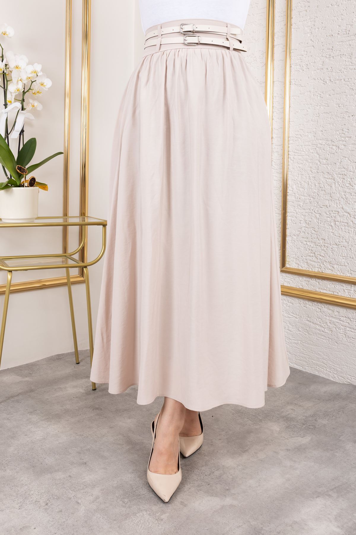 Çift Kemerli Modal Etek-Taş