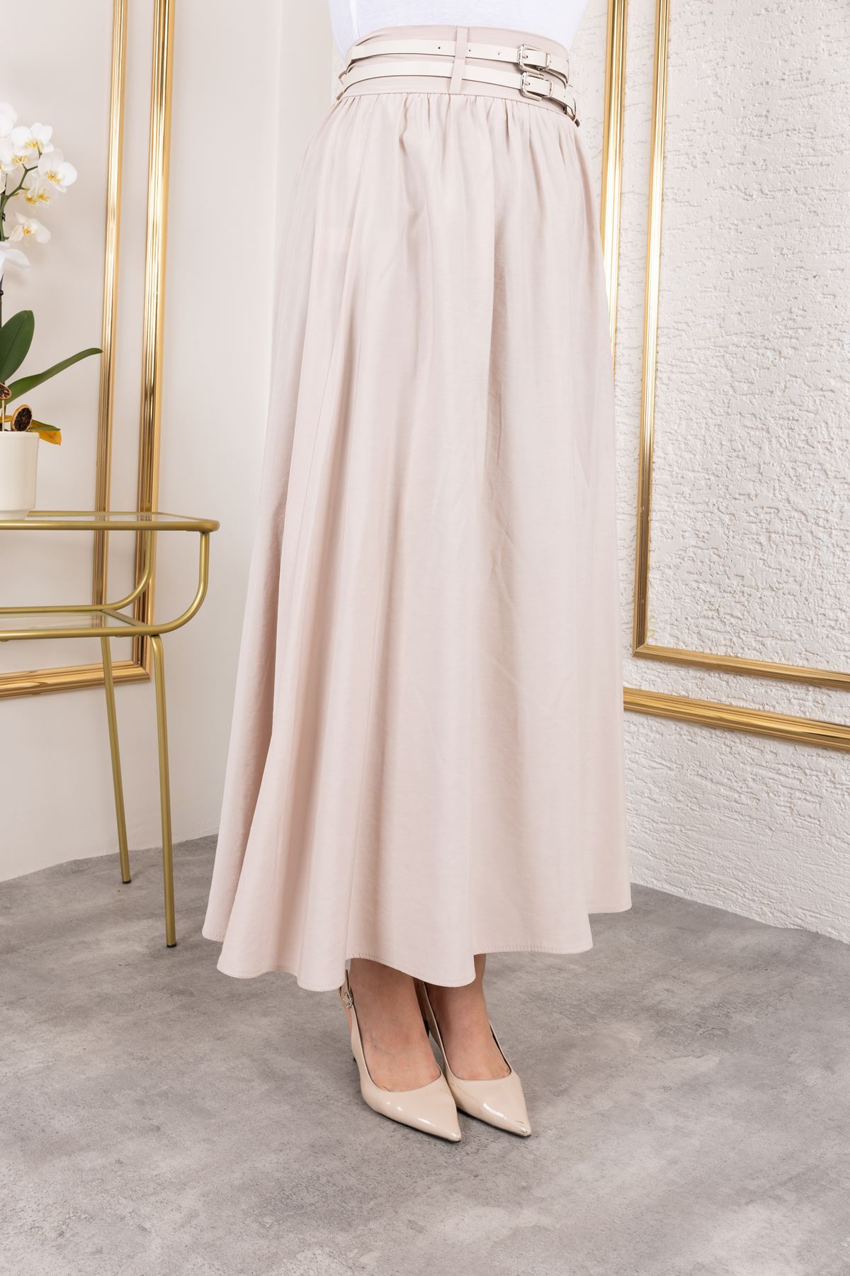 Çift Kemerli Modal Etek-Taş