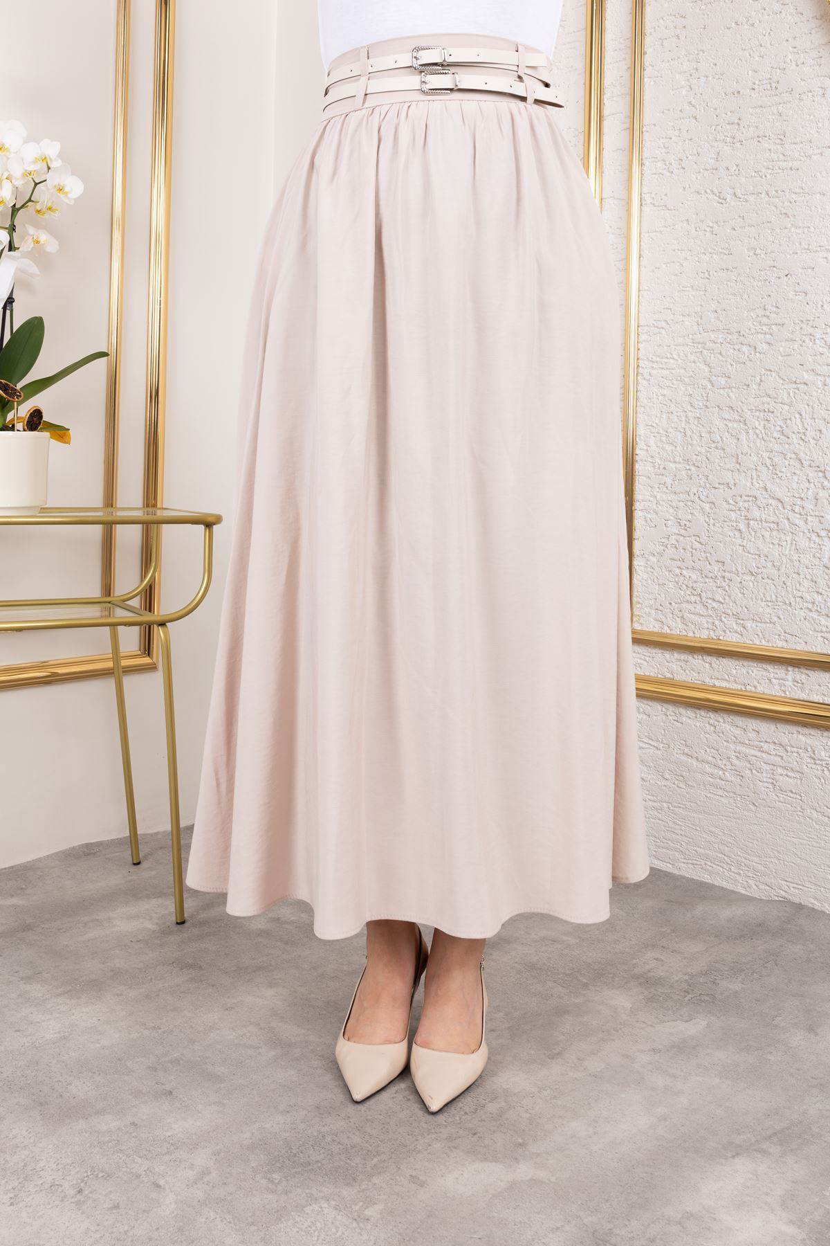 Çift Kemerli Modal Etek-Taş