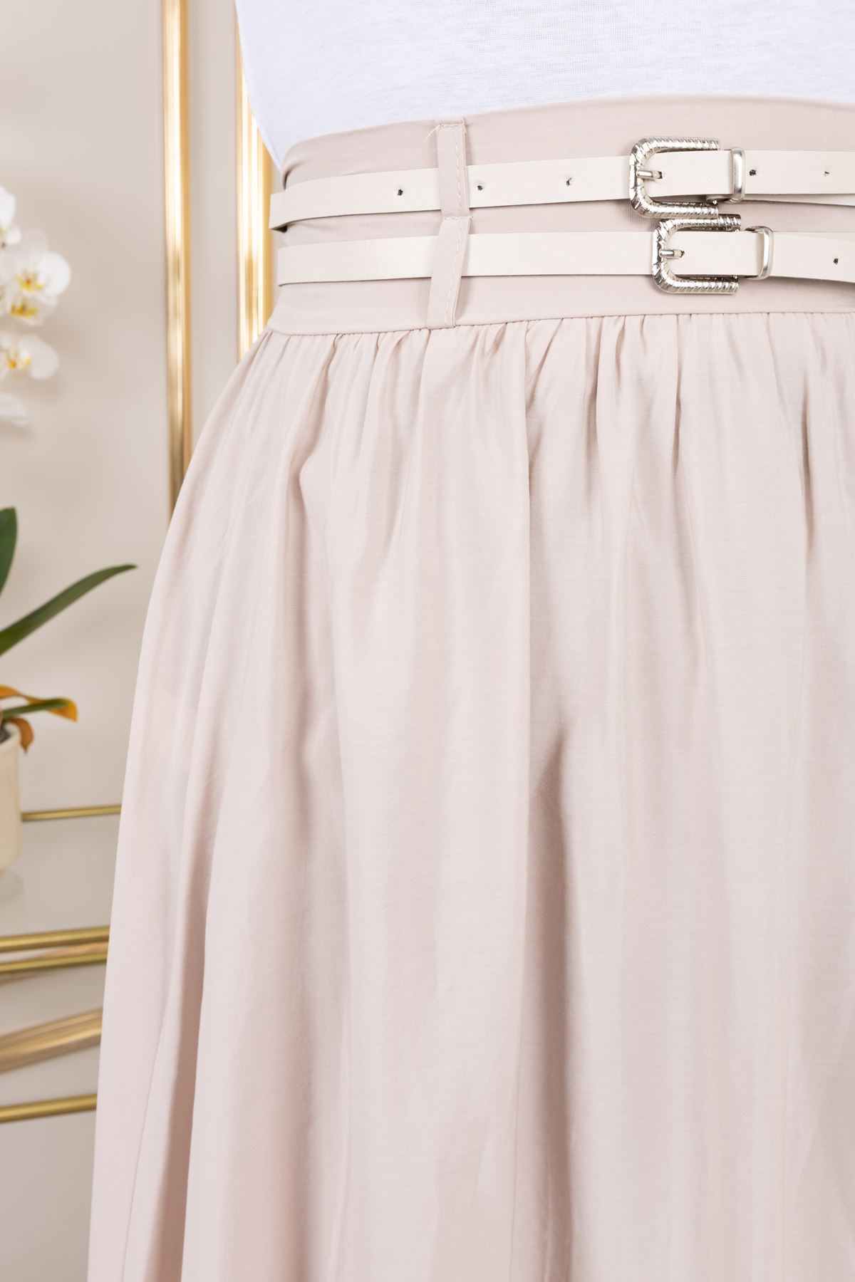 Çift Kemerli Modal Etek-Taş