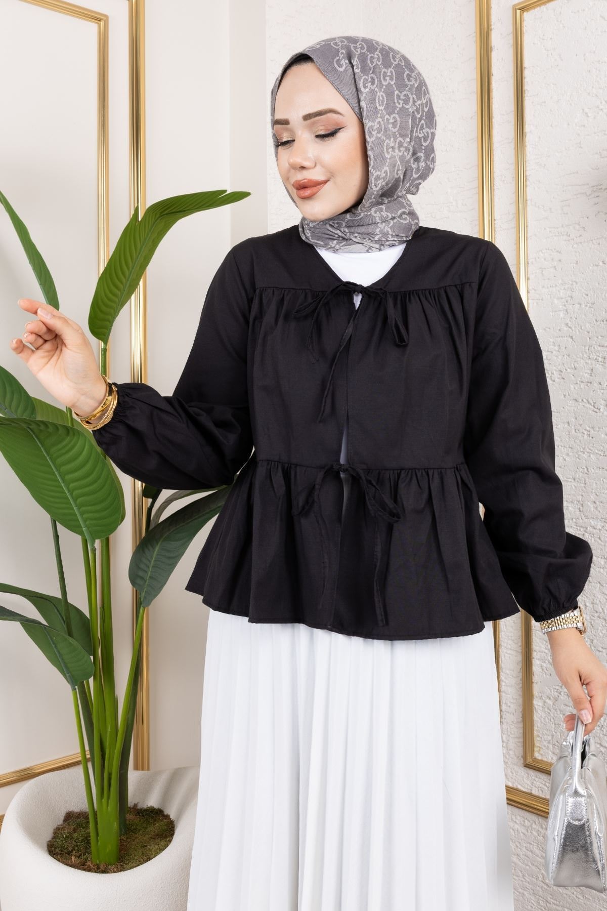 Ara Biyeli Ön Bağlamalı Tunik-Siyah