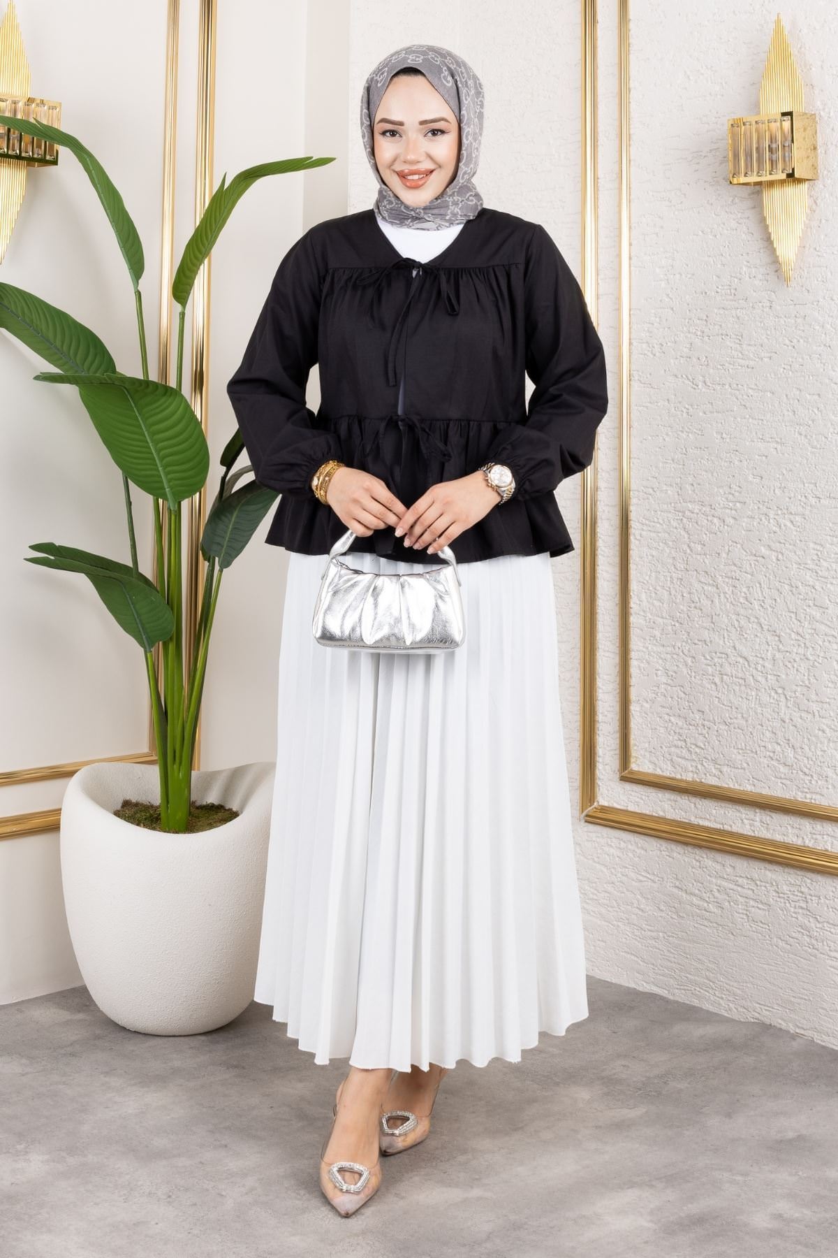 Ara Biyeli Ön Bağlamalı Tunik-Siyah