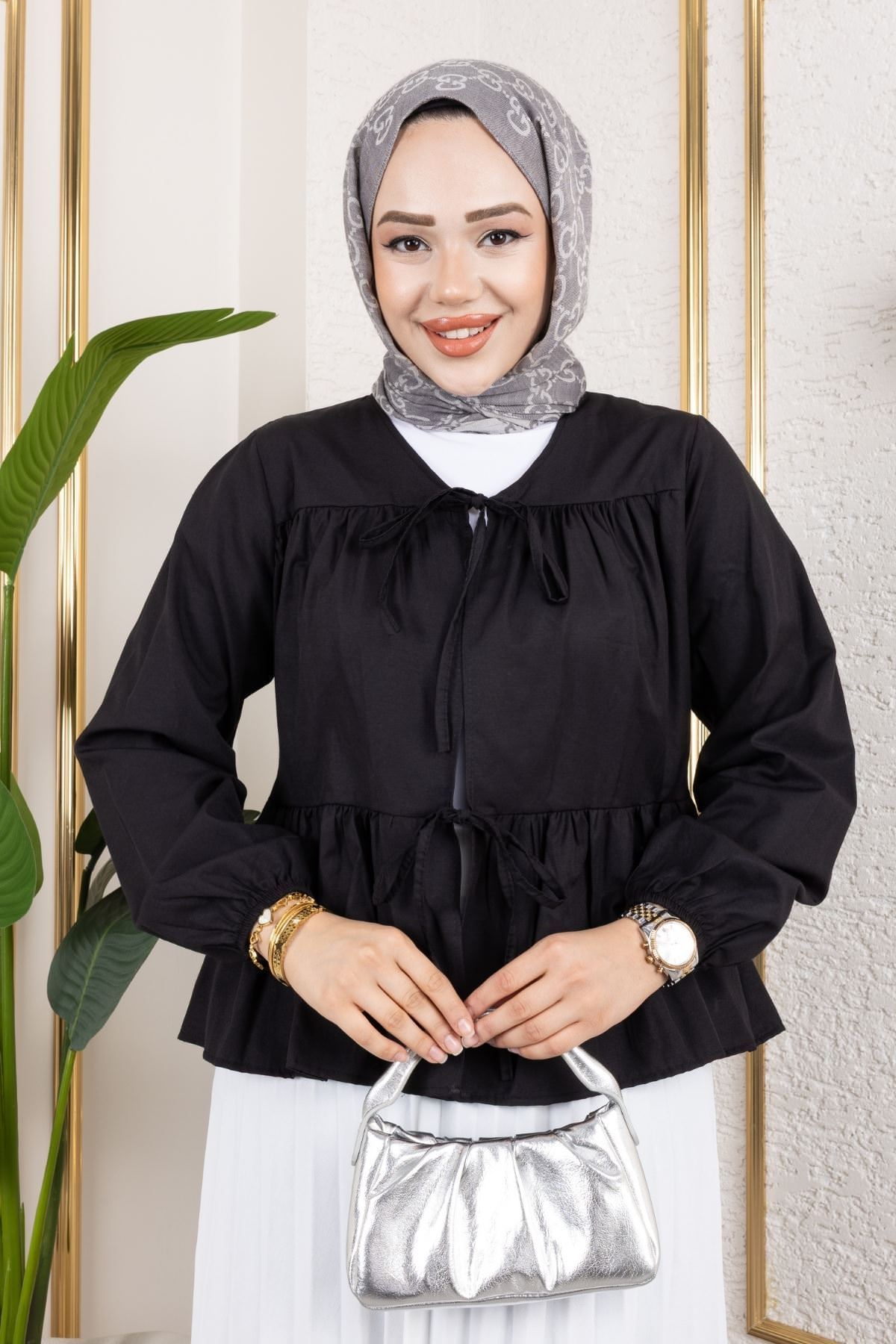 Ara Biyeli Ön Bağlamalı Tunik-Siyah