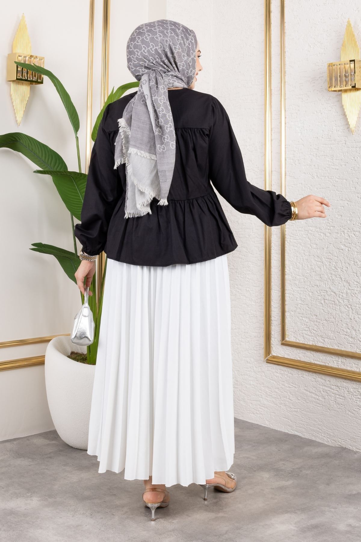 Ara Biyeli Ön Bağlamalı Tunik-Siyah