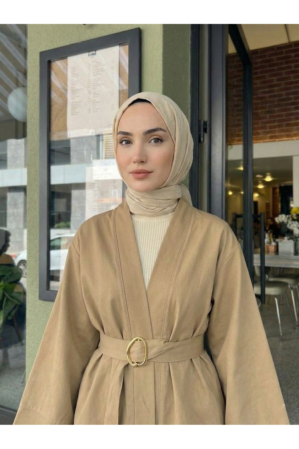 Geniş Manşet Kuşak Detay Ceket-Karamel