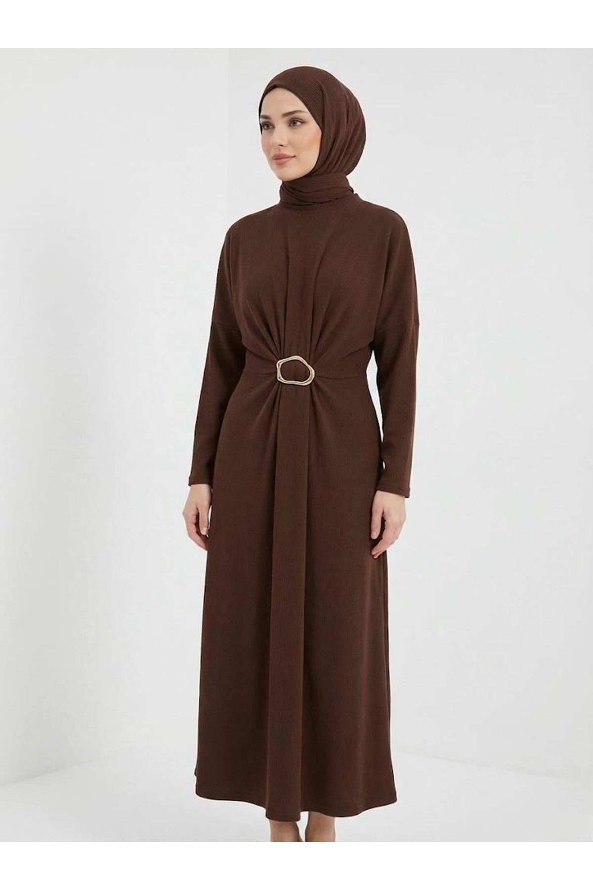 Toka Detay Elbise-Kahve