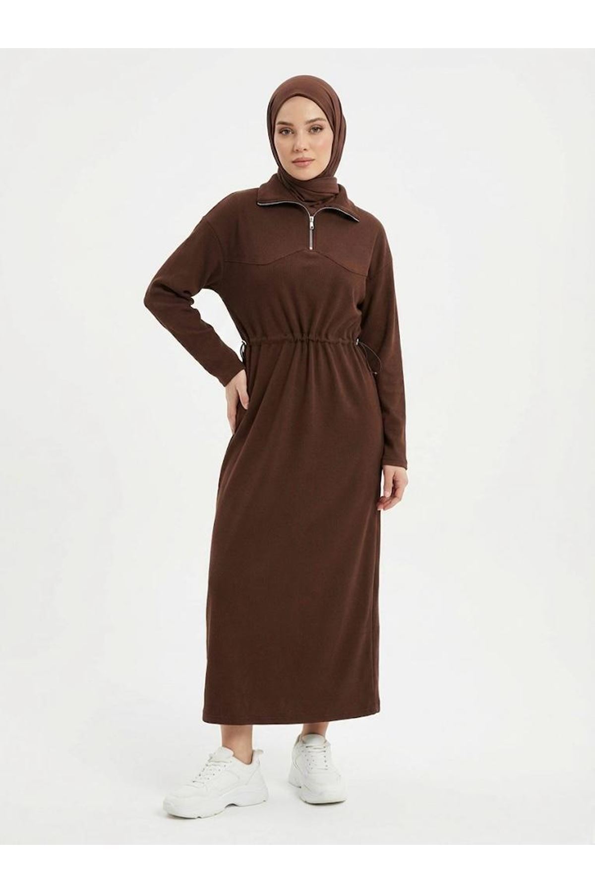 Beli Stoper Tünellii Elbise-Kahve