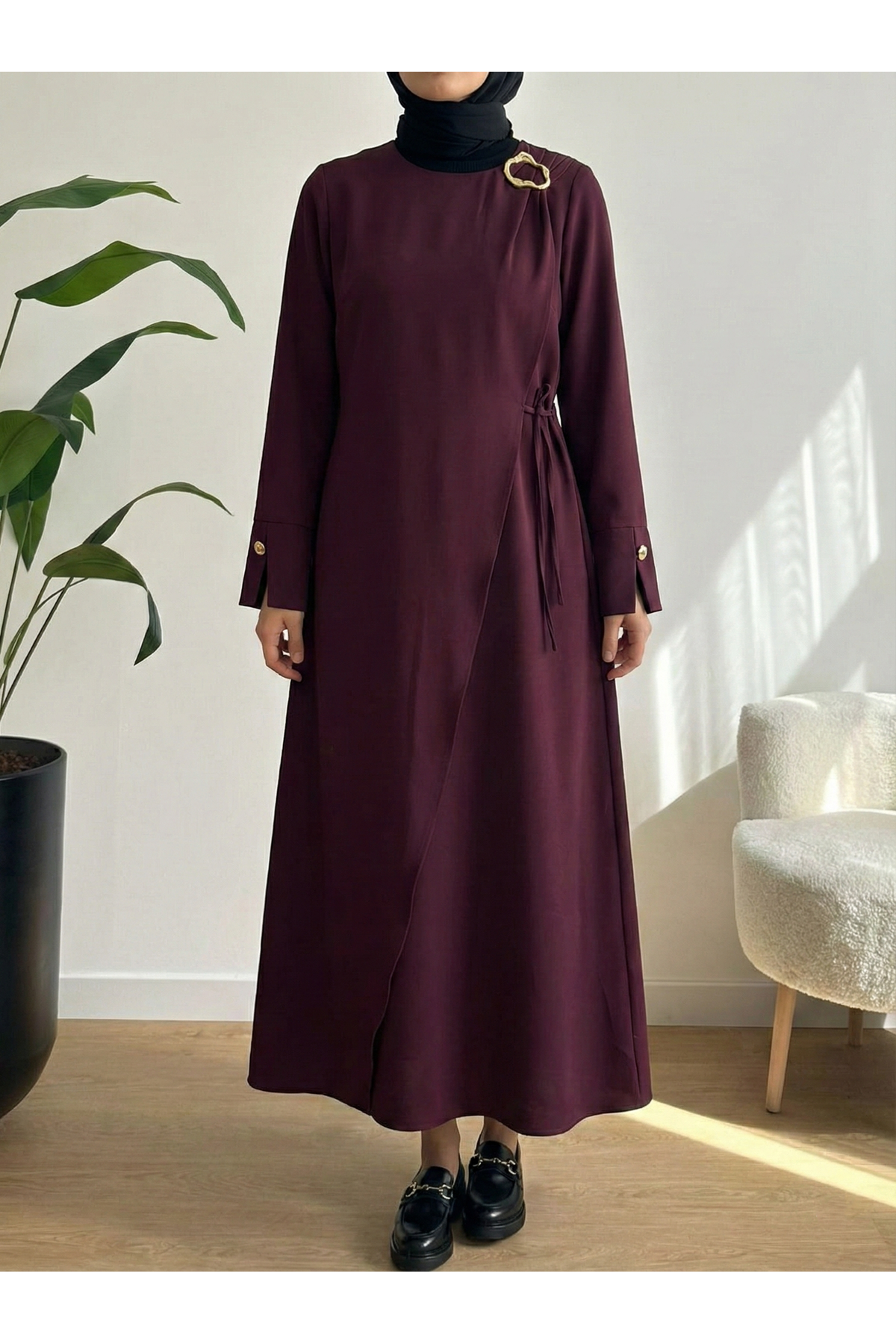 Omuz Ve Manşet Detaylı Elbise-Bordo
