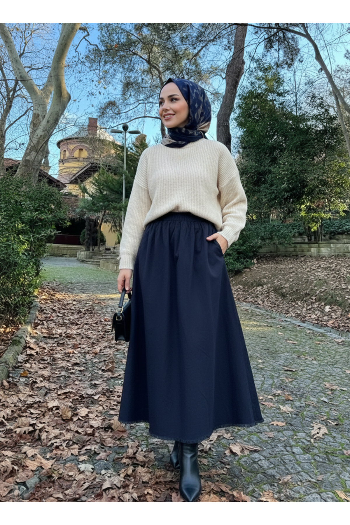 Cepli Bel Lastikli Etek-Lacivert