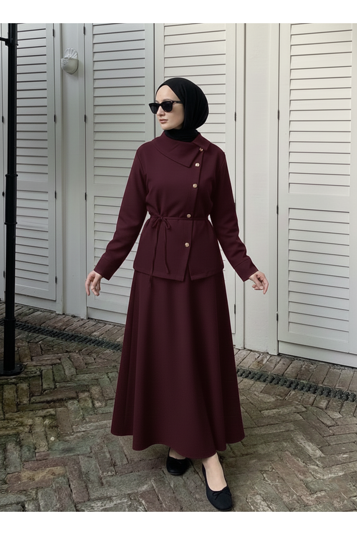 Çapraz Düğmeli Etekli Takım-Bordo