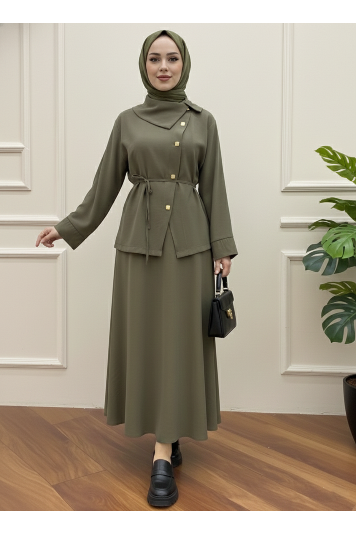 Çapraz Düğmeli Etekli Takım-Haki