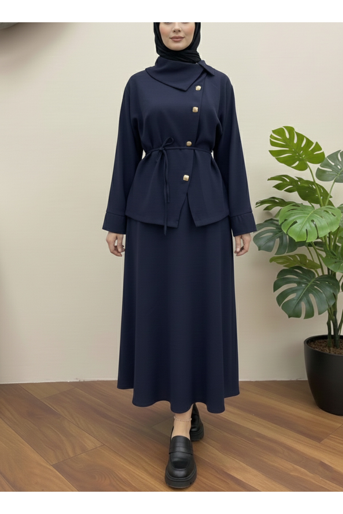 Çapraz Düğmeli Etekli Takım-Lacivert