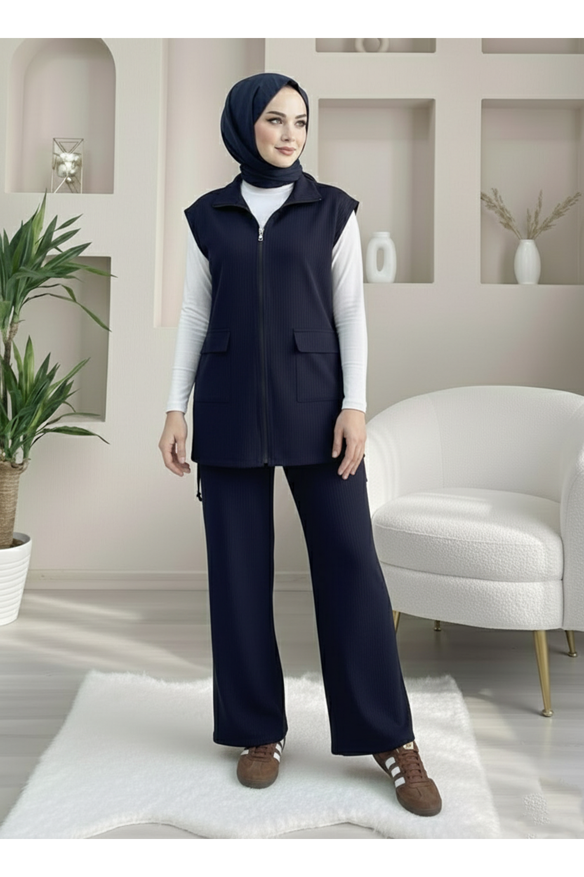 Fermuarlı Cep Detay Yelekli Takım-Lacivert