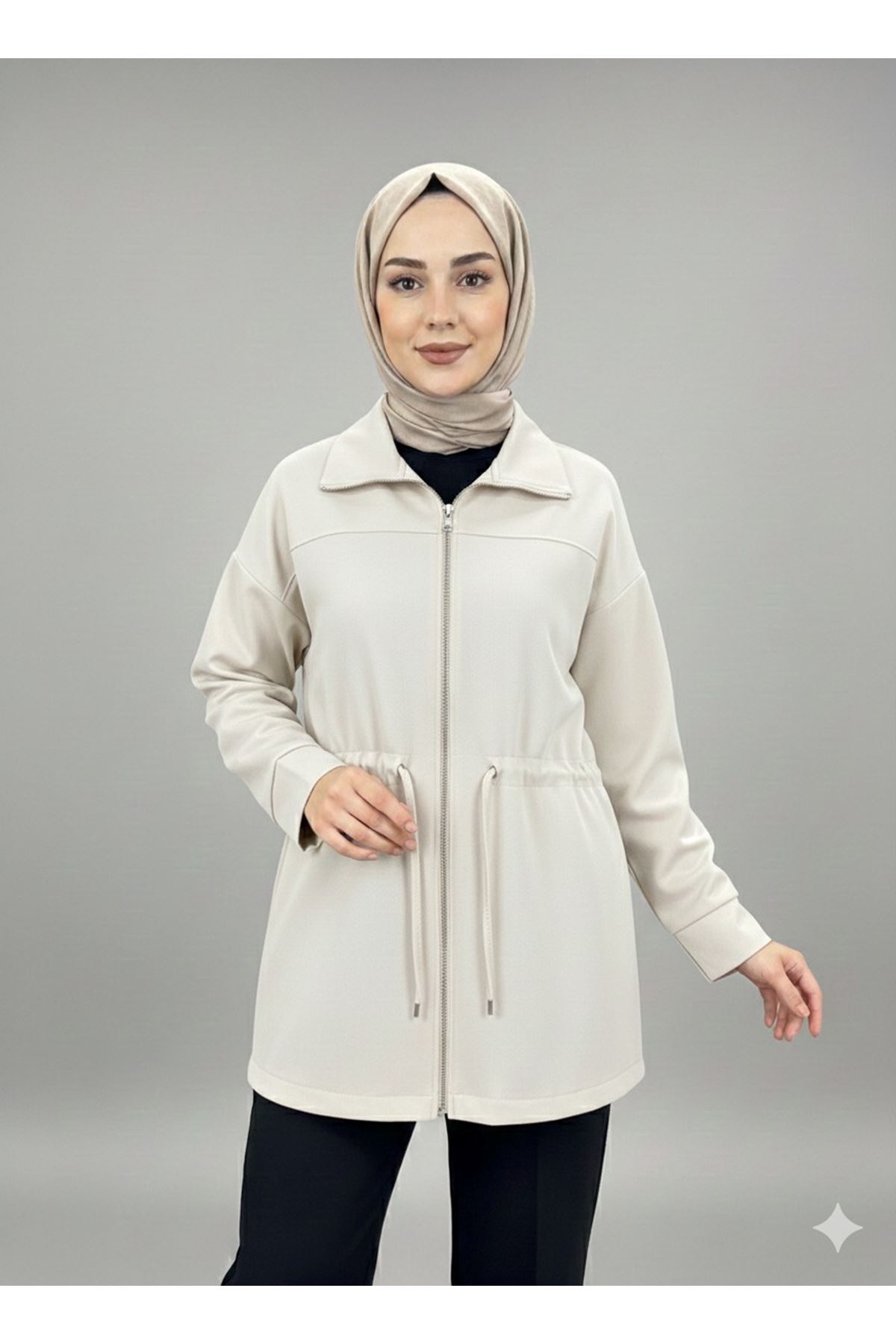 Bel Tünelli Fermuar Detay Ceket-Taş