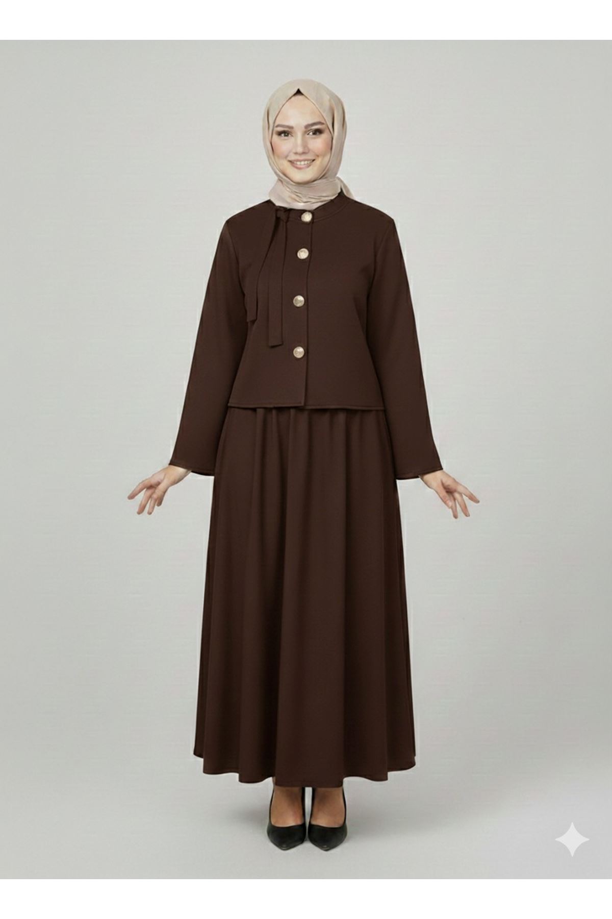 Düğme Detay Etekli Takım-Kahve
