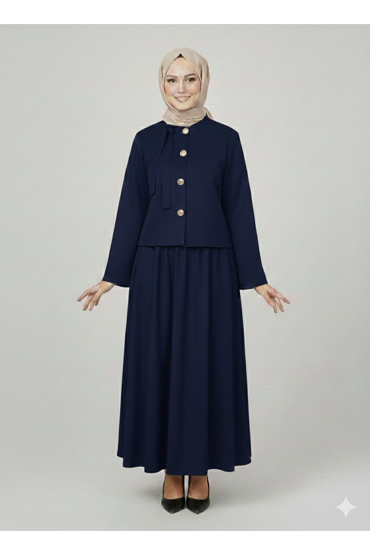 Düğme Detay Etekli Takım-Lacivert