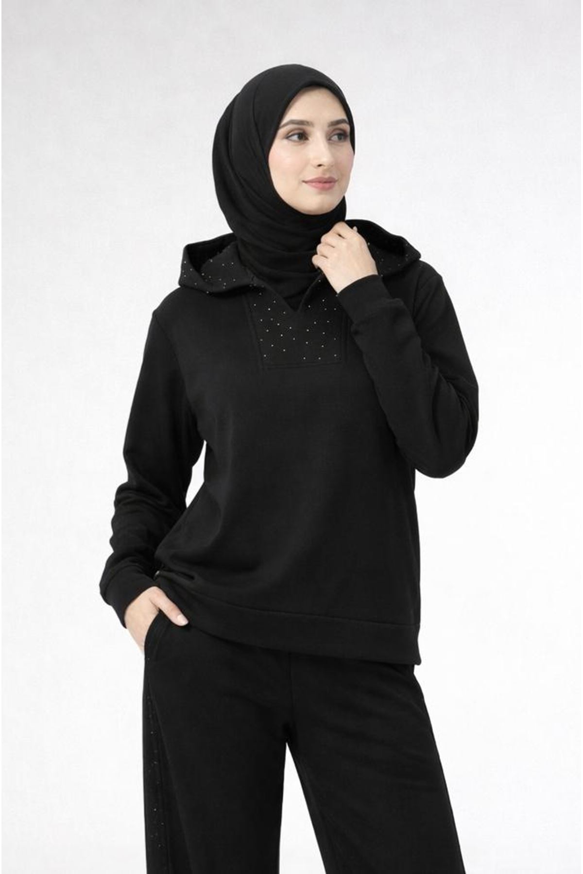 Kapşonlu Taş Detay Tunik-Siyah