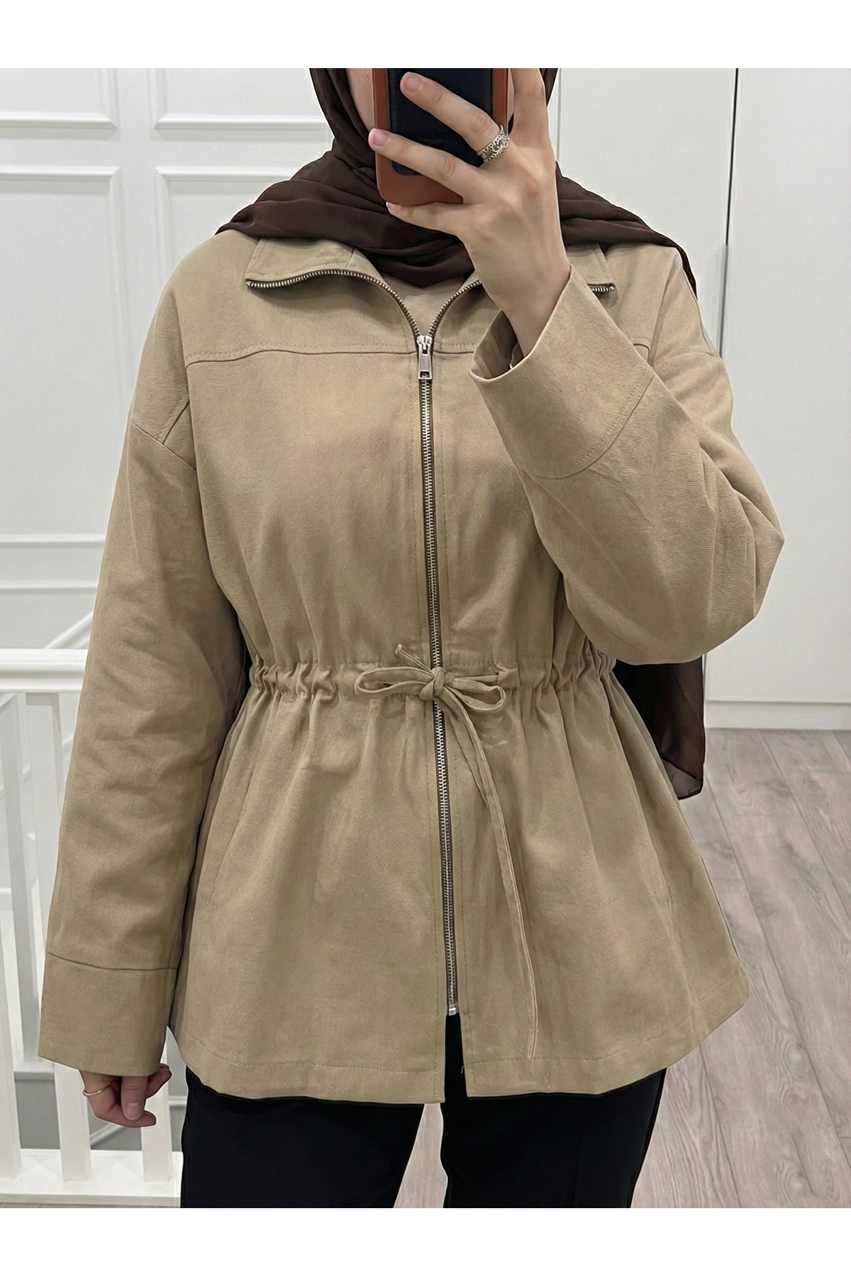 Bel Tünelli Fermuar Detay Ceket-Karamel