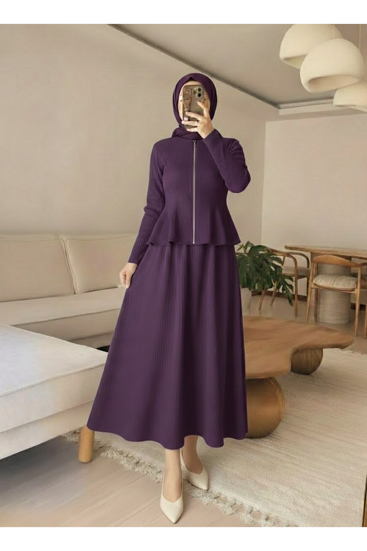 Fermuar Detay Ön Parçalı Takım-Mor