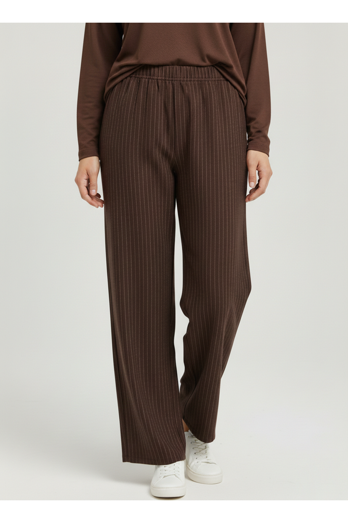 Bol Paça Çizgili Keten Pantolon-Kahve