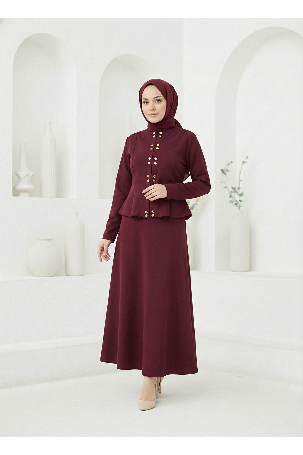 Sıra Çıtçıtlı Etekli Takım-Bordo