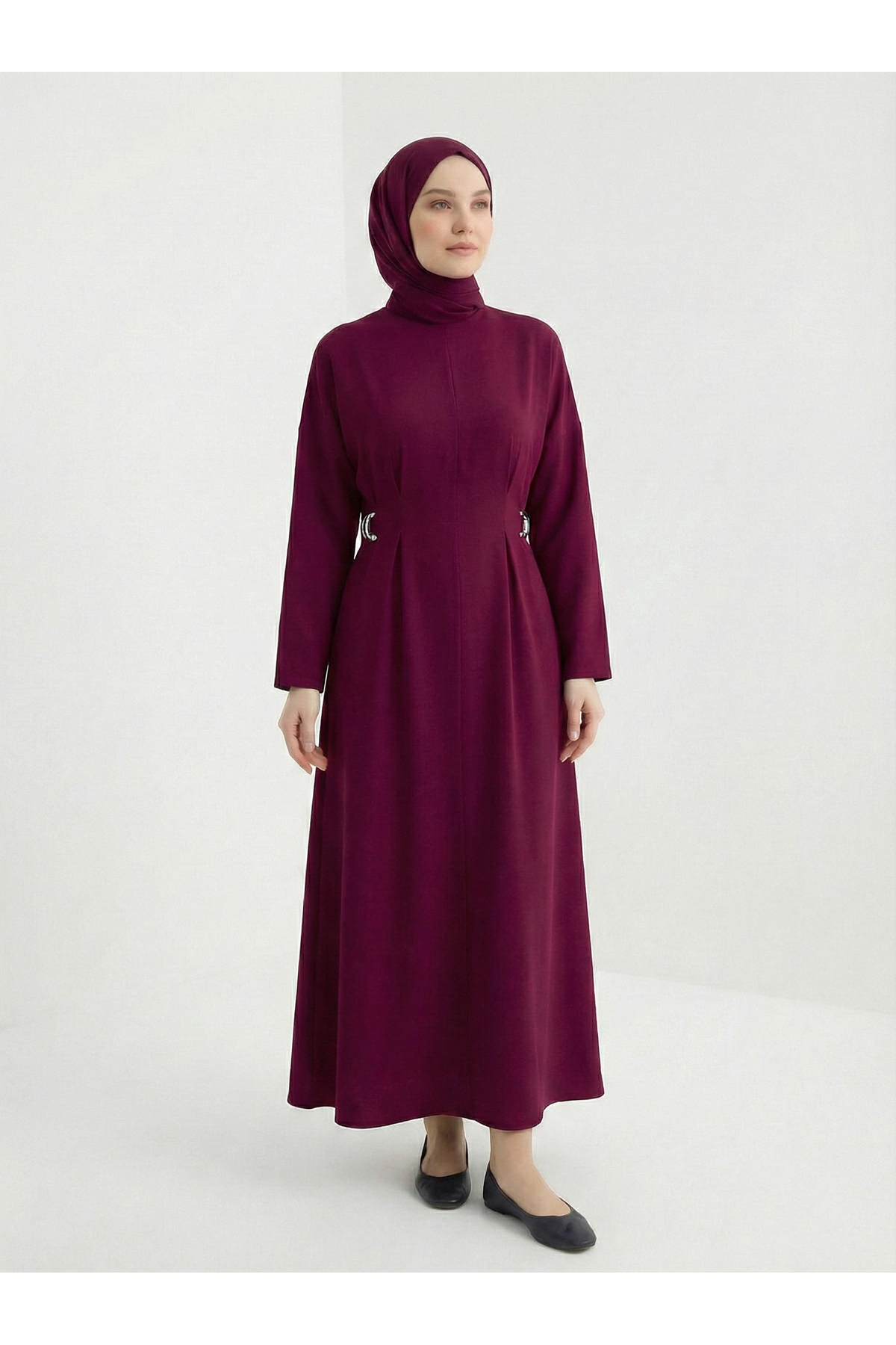 Kuşak Aksesuarlı Elbise-Bordo