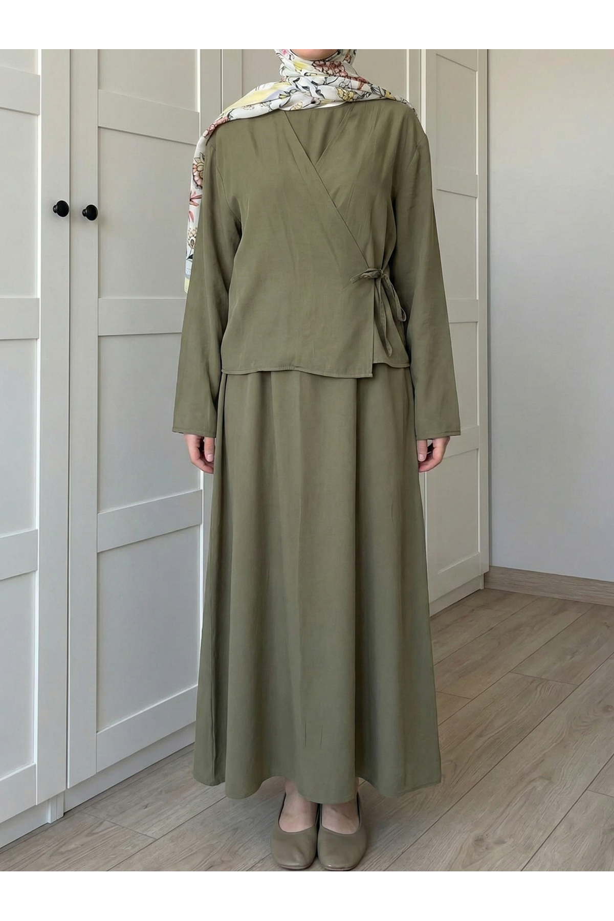 Yan Bağlamalı İkili Elbise-Haki