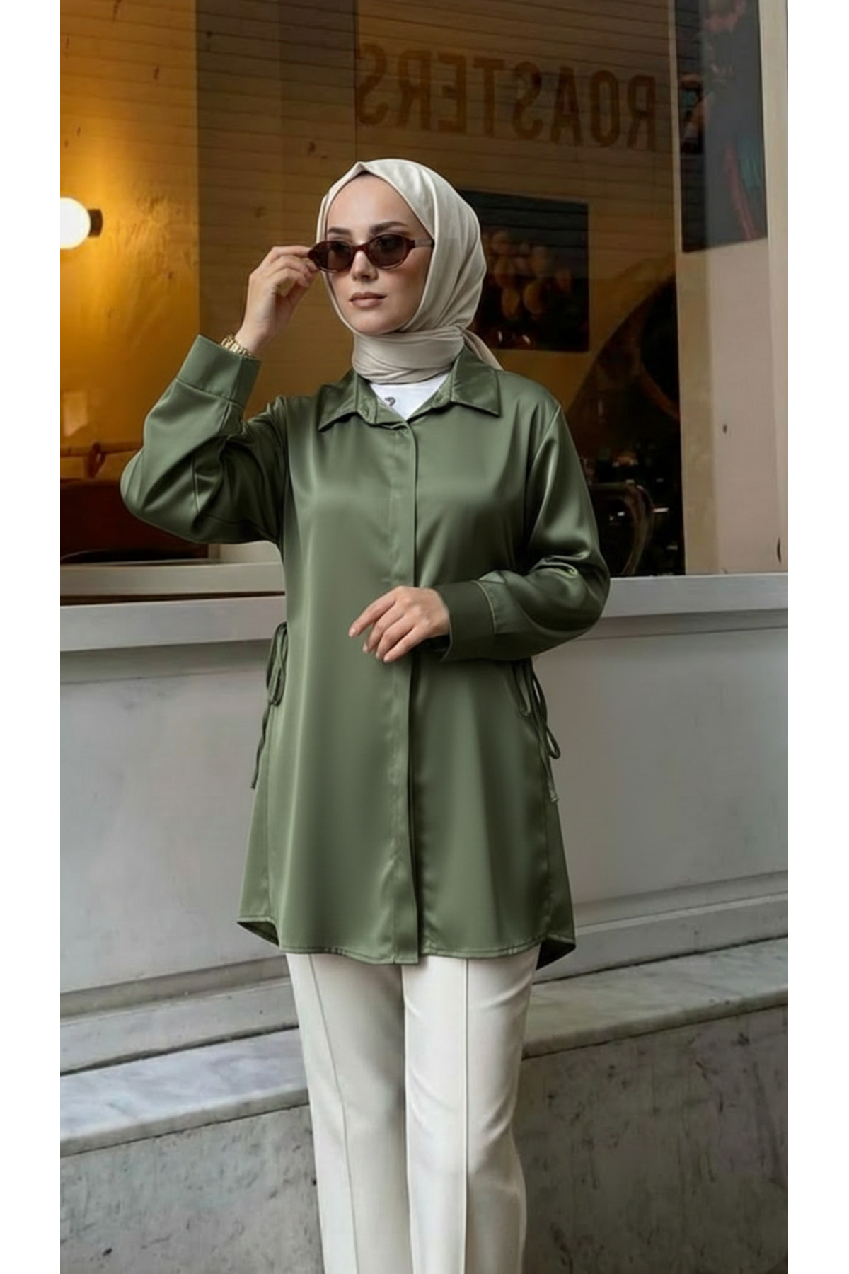 Yan Bağlamalı Saten Tunik-Haki