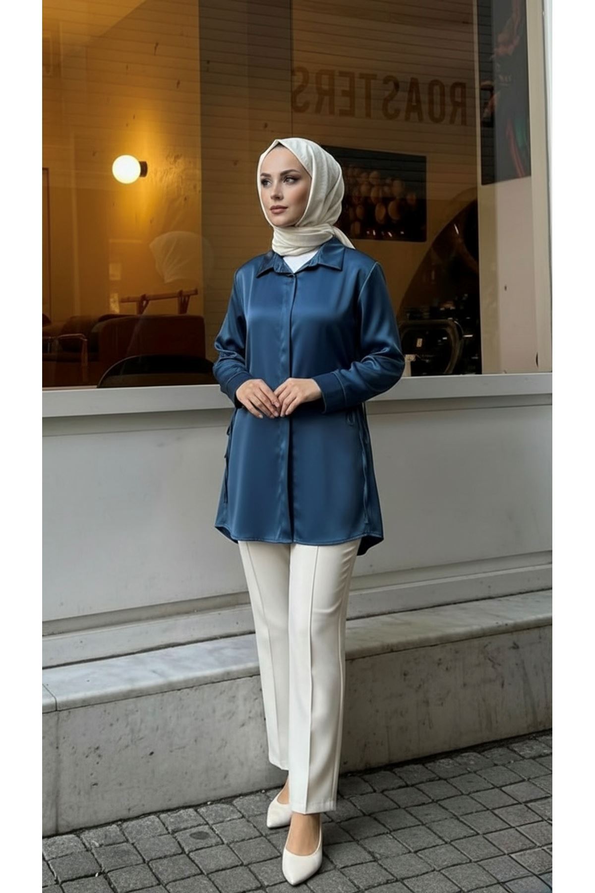 Yan Bağlamalı Saten Tunik-Petrol Mavisi