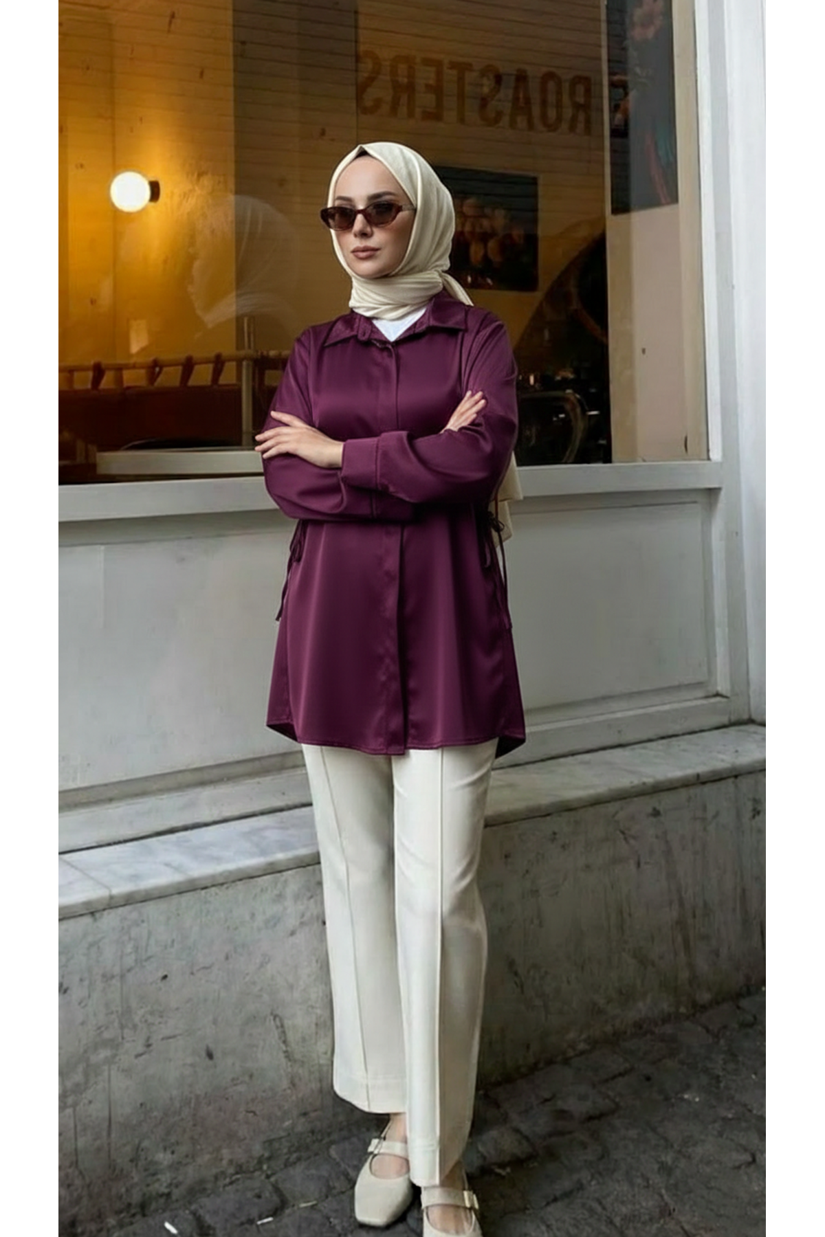 Yan Bağlamalı Saten Tunik-Mürdüm