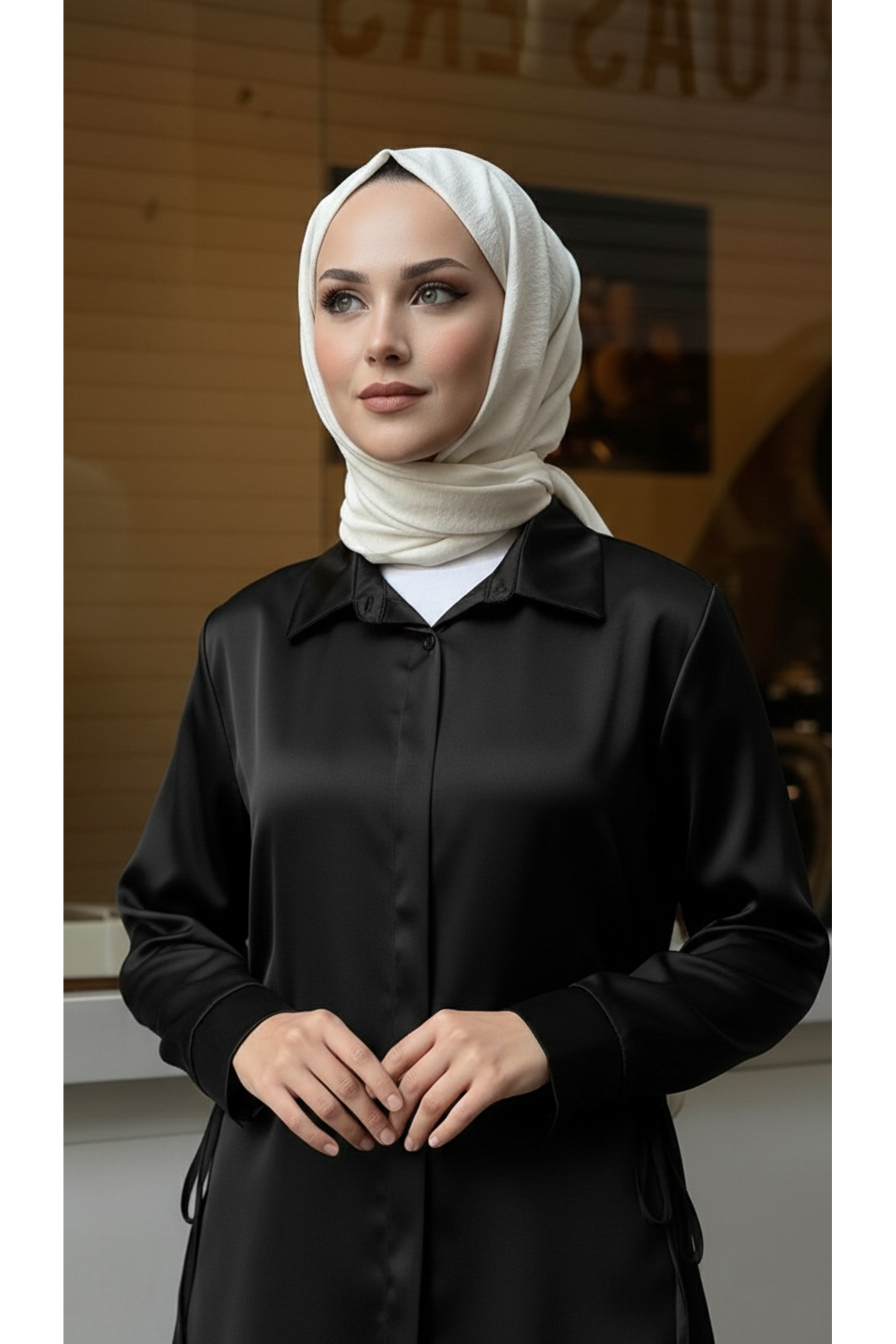 Yan Bağlamalı Saten Tunik-Siyah