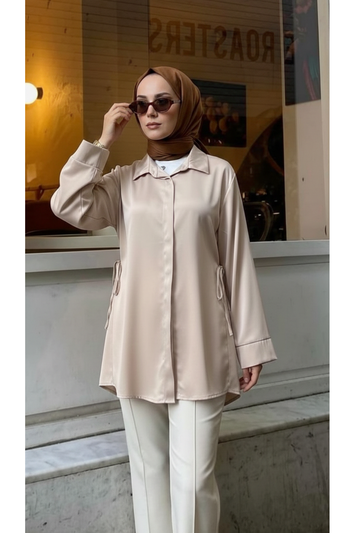 Yan Bağlamalı Saten Tunik-Taş