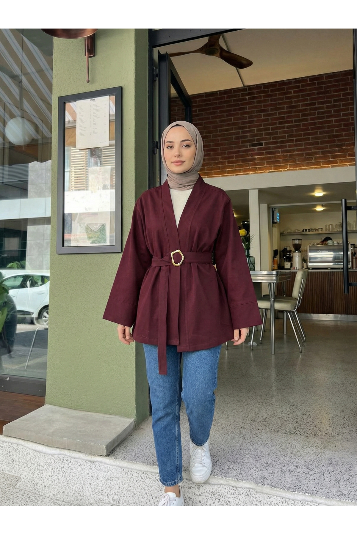 Geniş Manşet Kuşak Detay Ceket-Bordo