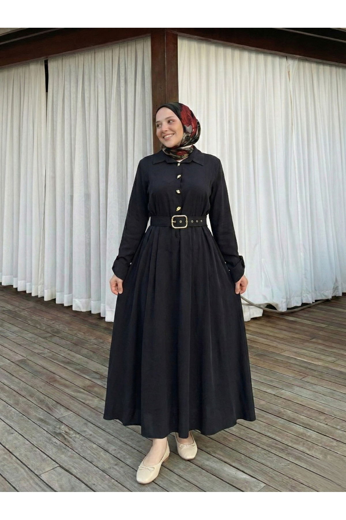 Yarım Pat Kaplama Kemer Detay Elbise-Siyah