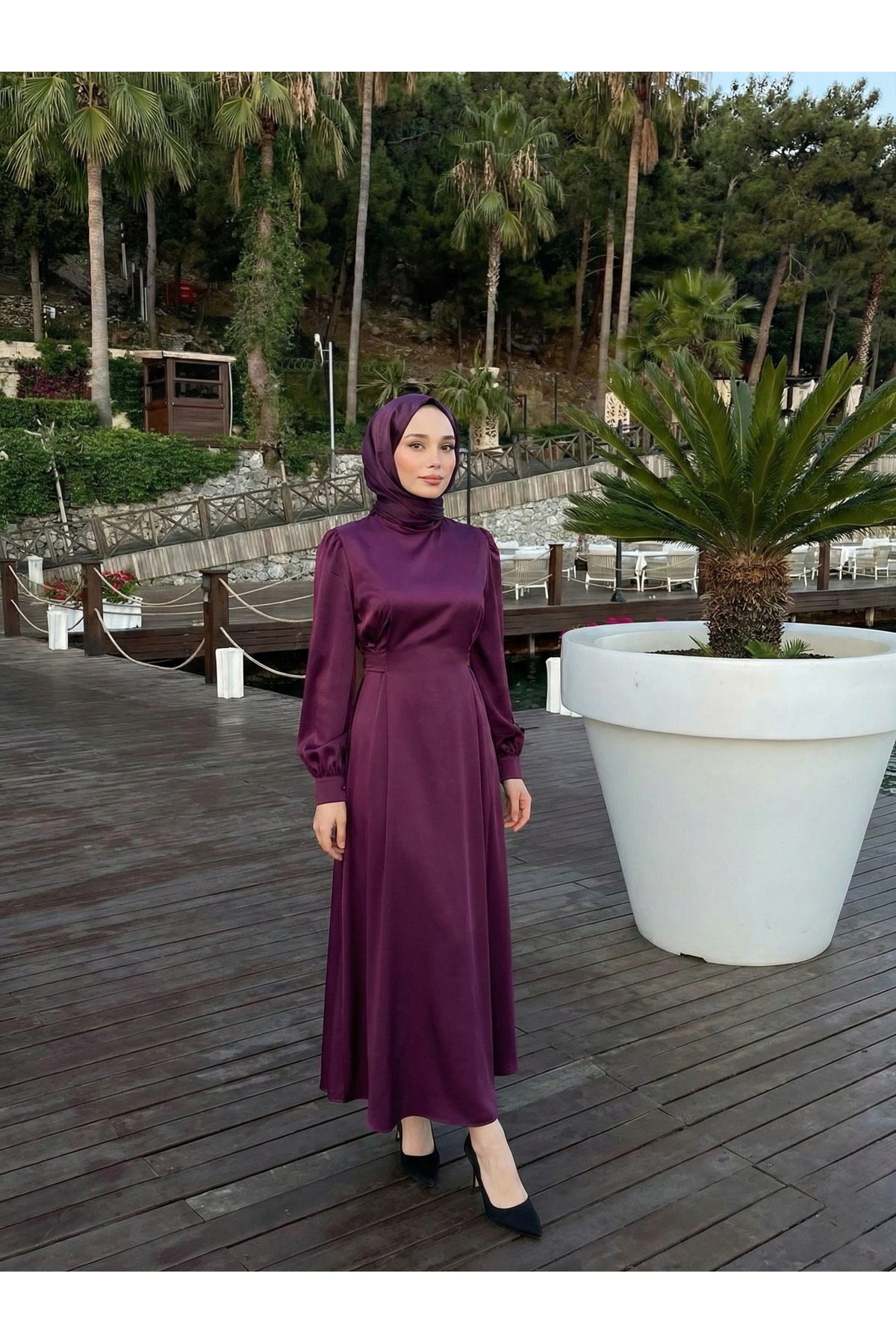 Kuşak Aksesuar Detay Saten Elbise-Mürdüm