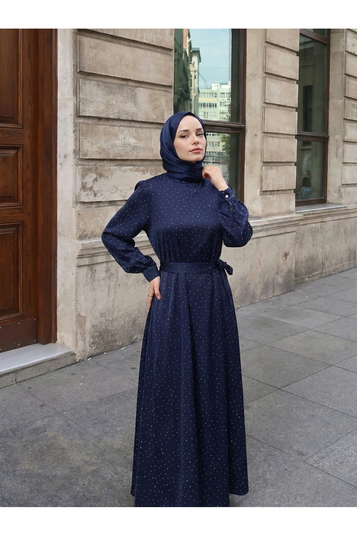 Saten Taşlı Elbise-Lacivert