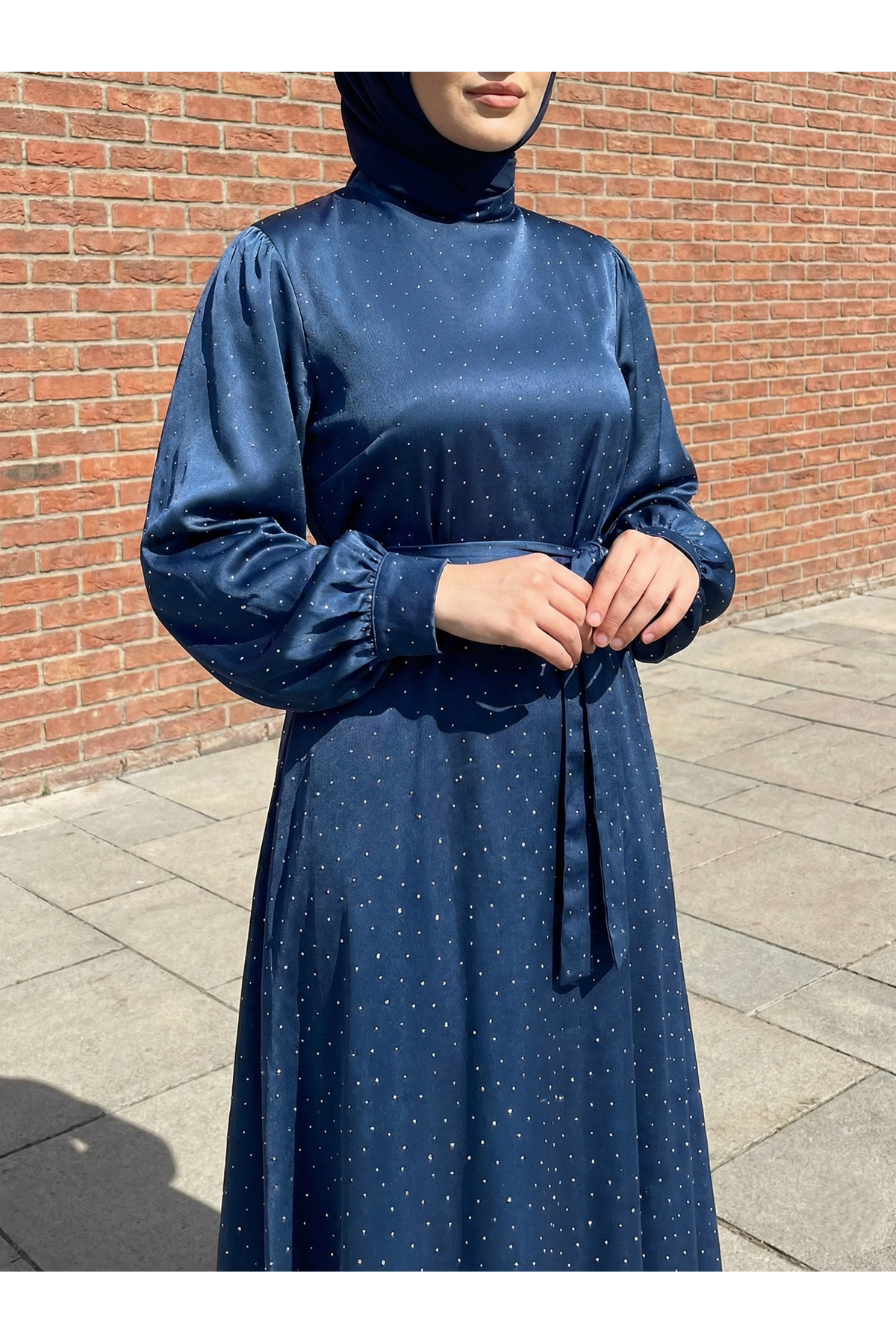 Saten Taşlı Elbise-Petrol Mavisi