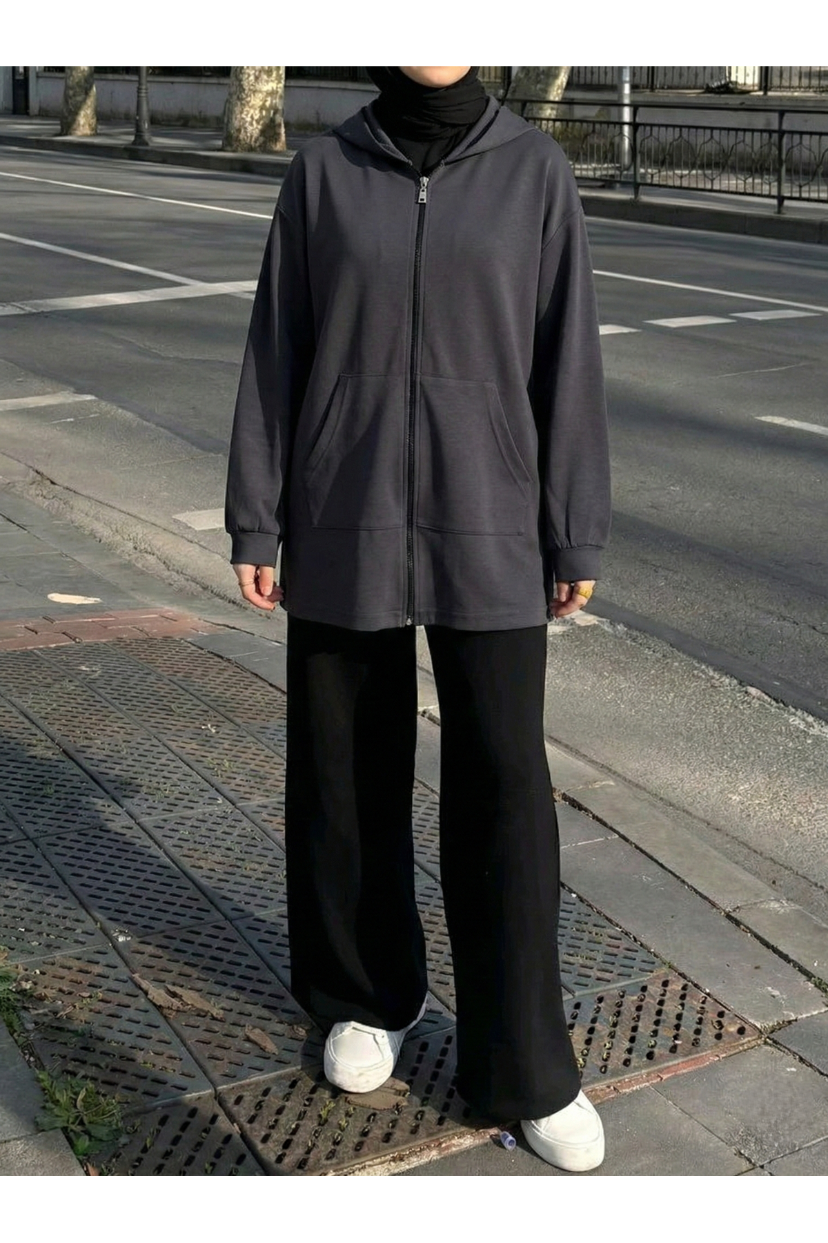 Kapşonlu Fermuar Detay Hırka-Antrasit