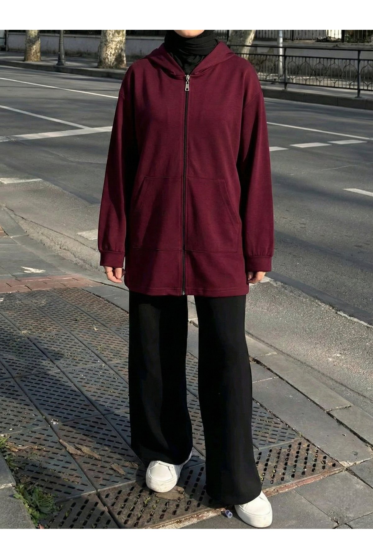 Kapşonlu Fermuar Detay Hırka-Bordo