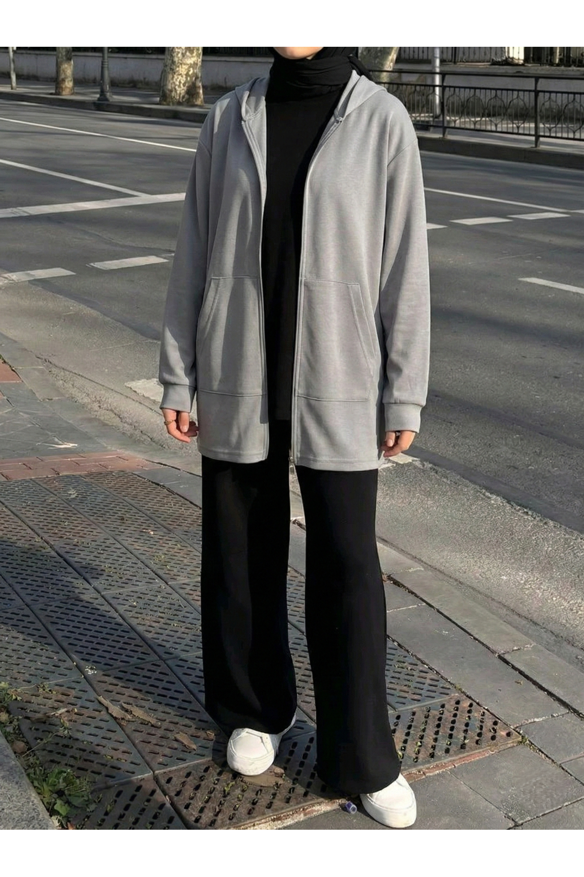 Kapşonlu Fermuar Detay Hırka-Gri