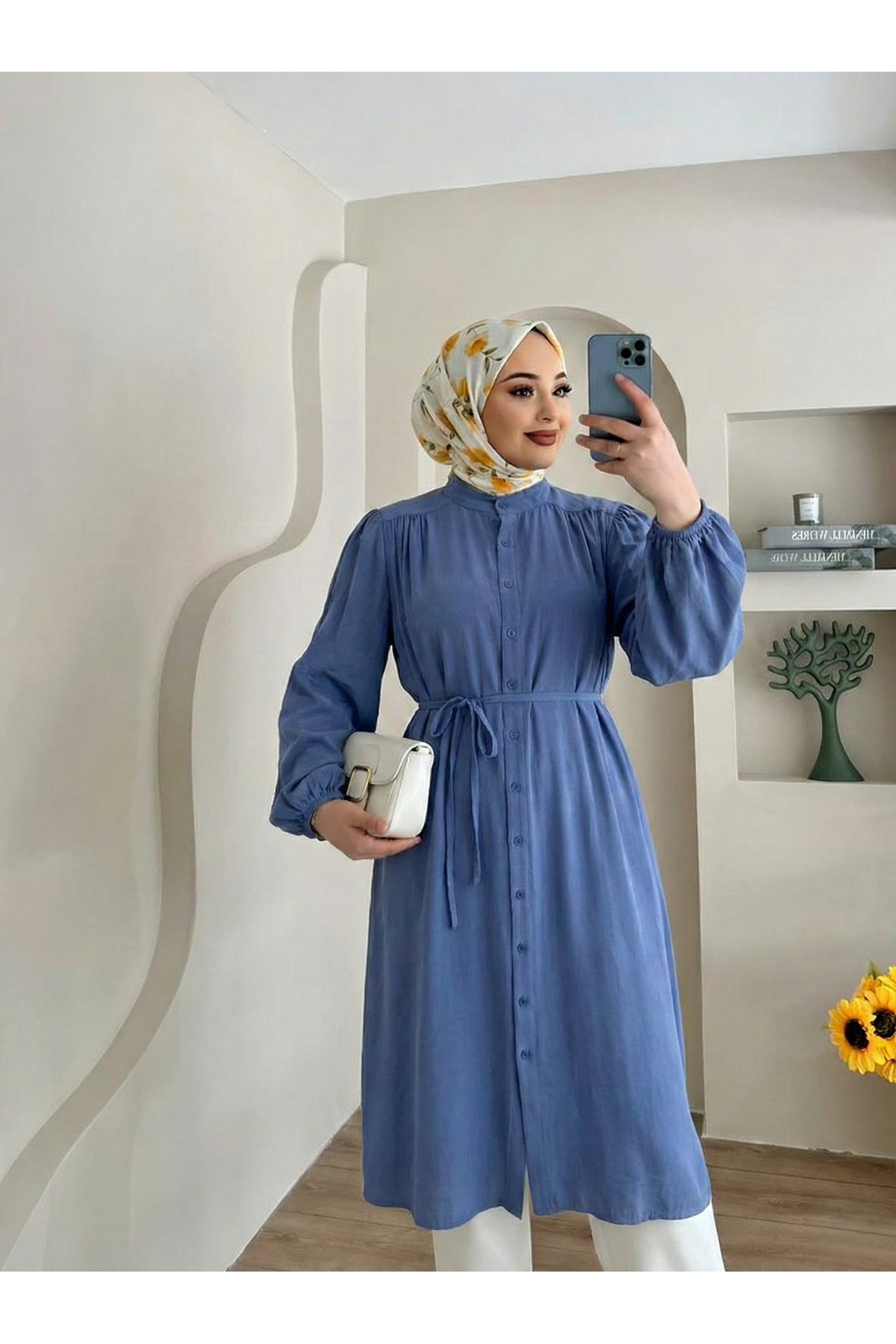 Hakim Yaka Omuz Büzgü Uzun Tunik-İndigo