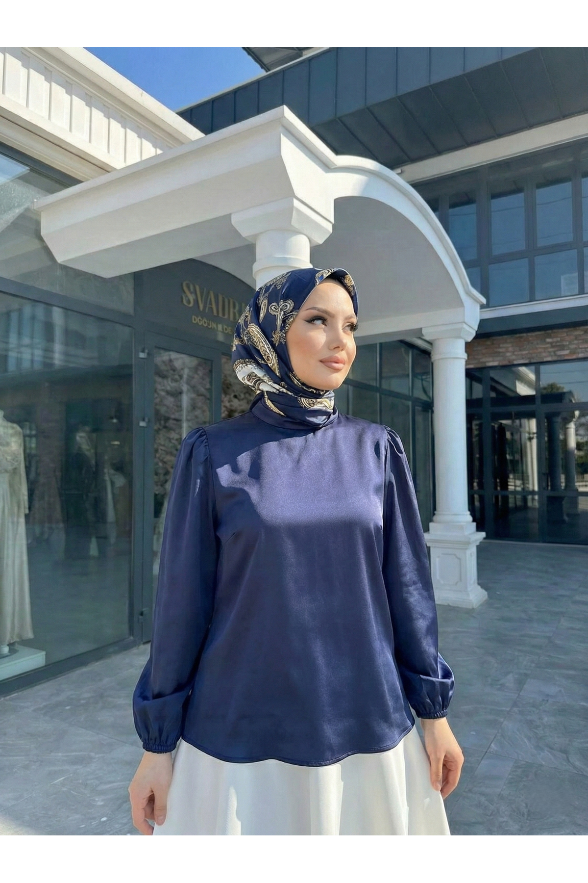 Arka Fermuar Detay Saten Tunik-Lacivert