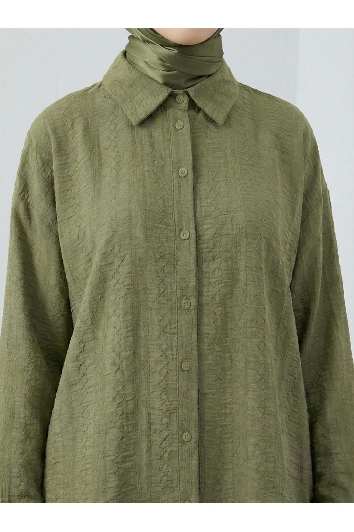 Geniş Raporlu Jakar Keten Tunik-Haki