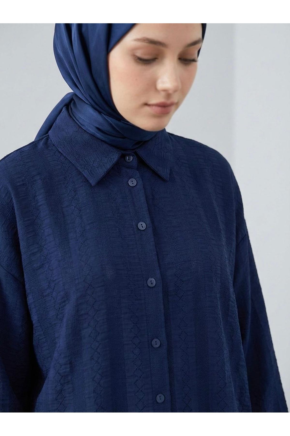 Geniş Raporlu Jakar Keten Tunik-Lacivert