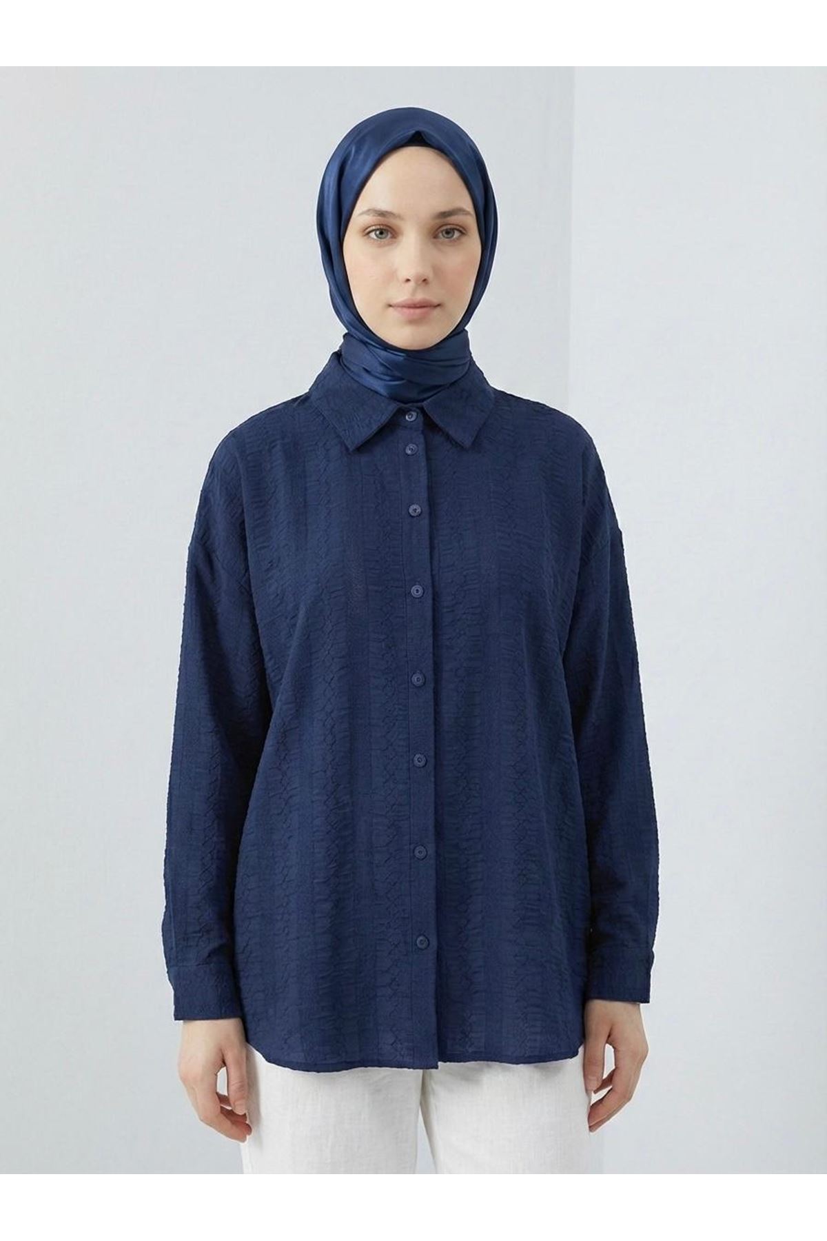 Geniş Raporlu Jakar Keten Tunik-Lacivert
